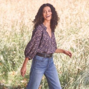 Faherty Portia Boho Soft Flowy Blue Tan & Brown Top Size XS